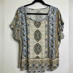 Lucky Brand Shirt XL Blue Gold Floral Patchwork Bohemian Floral Hippie Boho